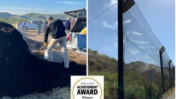 Photo of man shoveling compost. Photo of misting system at PRIMA landfill.