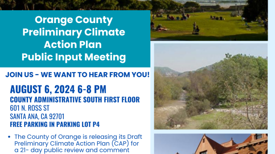 Flyer of Orange County Preliminary Climate Action Plan with dates and time of event