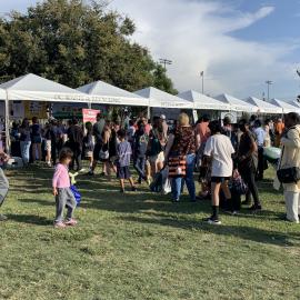 Booths with a crowd of people surrounding