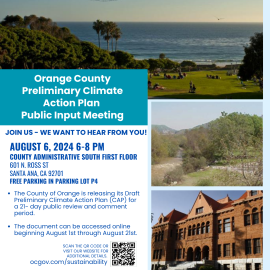 Flyer of Orange County Preliminary Climate Action Plan with dates and time of event