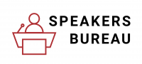 Person speaking behind podium with Speakers Bureau text