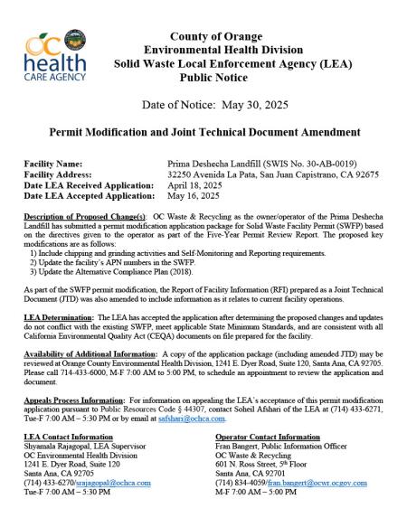 Public Notice from Solid Waste Local Enforcement Agency